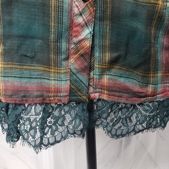 Logo Green Plaid Lace Chambray Modal Button Down Tunic Blouse Size 6 - Picture 2 of 13